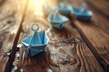Blue Paper Boat Leading A Fleet Of Small White Boats With Compass Icon On Wooden Table With Sunlight - Leadership Concept