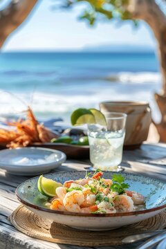 cebiche, ceviche, sebiche, seviche, coctel de gambas, ensalada de gambas y marisco fresco a la orilla del mar, men&uacute; t&iacute;pico de verano en un restaurante en la playa con vistas al mar, ensalada de verano