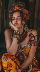 Obraz premium A young woman adorned in a colorful tribal headwrap and garments poses pensively with her cheek resting on her hand