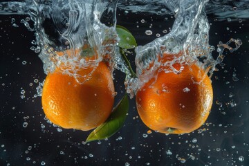 Two oranges are being immersed in liquid in a glass