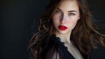 Fototapeta premium A close-up portrait of a young woman with flowing hair, red lips, and an intense, captivating gaze against a dark background