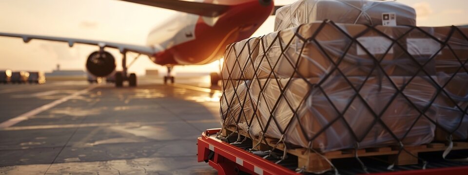 Close-up detail view of cargo cart trolley full with commercial parcels against turboprop cargo plane. Air mail shipping and logistics. Import export operations. Commercial charter flight service