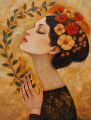 Picture of an elegant woman in profile with flowers in her hair