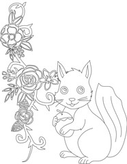 Squirrel and A Floral Vine Coloring Page. Printable Coloring Worksheet for Adults and Kids. Educational Resources for School and Preschool.