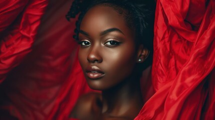 A striking portrait of a woman with dark skin tone, her face partially wrapped in a vibrant red silk fabric, conveying elegance and mystery