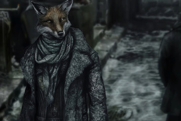 Portrait of a red fox in an elegant coat and scarf