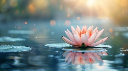 A close-up of a blooming lotus flower floating on calm water, symbolizing purity and enlightenment.
