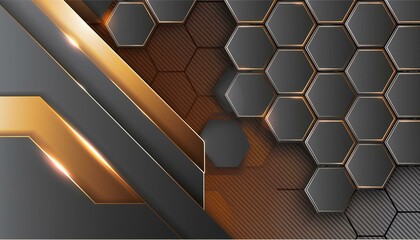Abstract futuristic luxurious digital geometric technology hexagon background banner illustration 3d - Glowing gold, brown, gray and black hexagonal 3d shape texture wall - Powered by Adobe