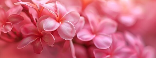 Fototapeta premium Macro shot of Sweet pink Plumeria flowers in pastel tone with copy space for soft background, Soft focus on Frangipani flower with color filter effect in soft color and blur style for background.