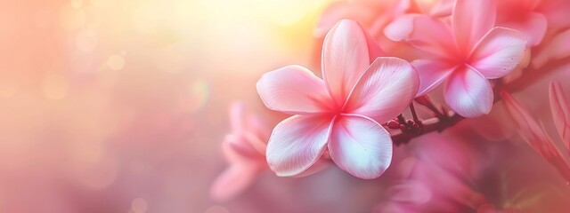 Macro shot of Sweet pink Plumeria flowers in pastel tone with copy space for soft background, Soft focus on Frangipani flower with color filter effect in soft color and blur style for background.