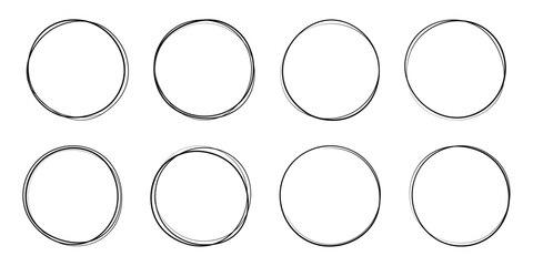 Set of hand-painted black round frames. Round frames are isolated on a transparent background. Vector illustration