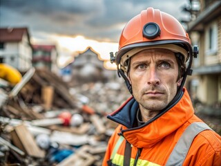Fototapeta premium Disaster Relief Worker – 4:3: A focused portrait of a disaster relief worker in action, highlighting efforts in disaster response and recovery. 