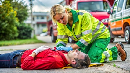 Paramedic Assisting Accident Victim – 16:9: A close-up of a paramedic providing first aid to an accident victim, demonstrating emergency response.
