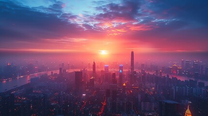 Fototapeta premium A stunning cityscape bathed in the warm glow of the setting sun.