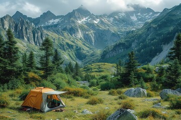 Mountain Roadside Camping A car parked by the roadside for camping in a mountainous setting, illustrating outdoor adventure