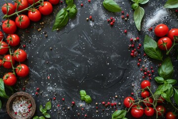 Tomatoes, basil, pepper, and salt on a black background