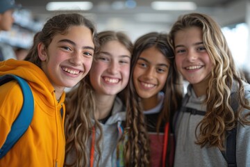 group of happy teenage students in bright clothes. ai generated