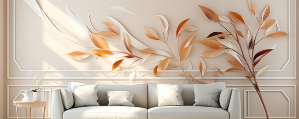 Living room interior design with 3D wallpaper with soft blue leaves on a blue wall with soft, smooth, graceful waves