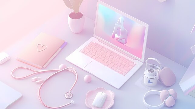 A pastel themed workspace with tech and wellness essentials