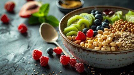 A close-up of a bowl of oatmeal with blueberries, raspberries, kiwi slices, and a variety of nuts.