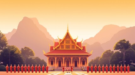 Vector graphic of a traditional Thai temple with monks in prayer, great for Visakha Bucha Day awareness and community events.