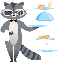 Raccoon waiter with tray in hand and towel on forearm. Vector illustration the waiter has a lokei pince-nez in his eye and a bow tie around his neck. Several dishes can be placed on the tray. You can