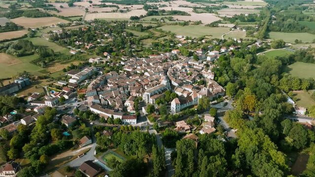 Issigeac drone view from above the village, Dordogne, beautiful summer landscape