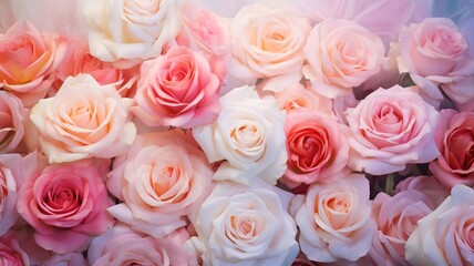 Naklejka premium Beautiful roses in light colors. Selective Focus. Generative AI,