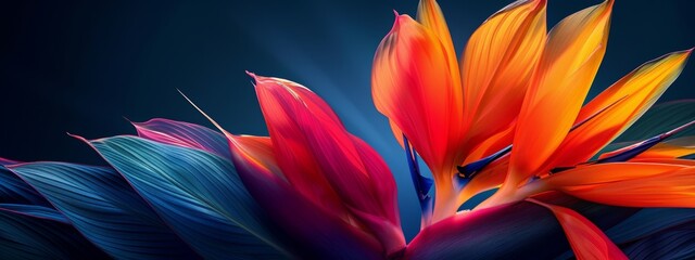 A close-up of a vibrant bird of paradise flower with its unique shape and bright colors.