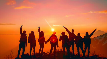 Friendship Silhouette of jumping friends in sunset happy friendship day