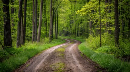 Fototapeta premium A serene image showcasing a winding dirt road meandering through a lush, green forest with tall trees and fresh foliage