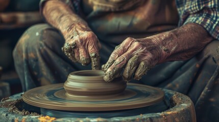 Artisan Shaping Pottery on Wheel