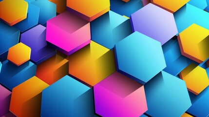 Fototapeta premium A bold digital hexagon abstract background with large, overlapping hexagonal shapes in bright, contrasting colors. 