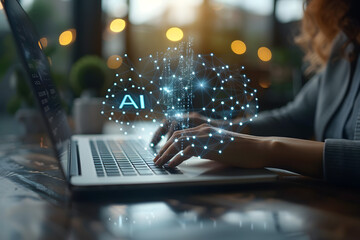 hands typing laptop, using chatbot program, virtual graphic human brain AI technology, background in office