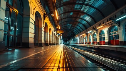 Fototapeta premium The image shows a deserted train station platform with a curved glass ceiling, columns, and a train