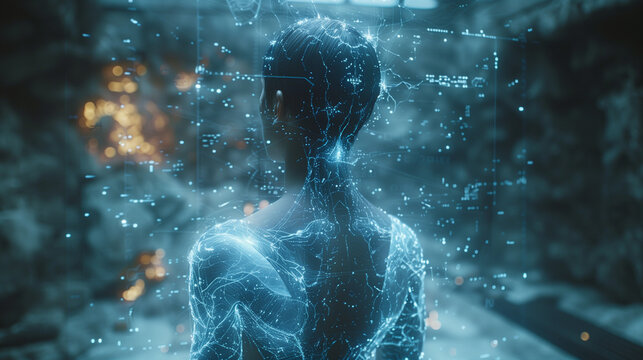  artistic image of virtual reality, network, dark background, particles, cyber feeling