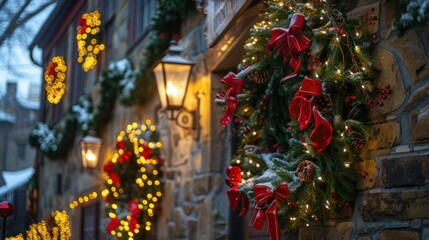 Fototapeta premium A picturesque scene capturing the warm glow of Christmas lights and decorations against a snowy backdrop in an evening setting