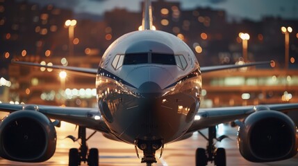 A commercial airliner is captured from a straight-on perspective at dusk, with city lights glowing in the background