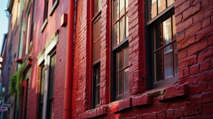 A warm sunlight bathes the red brick facade of a building, highlighting the texture and details
