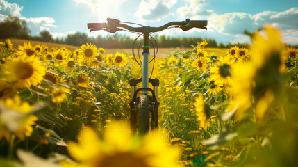 Summer Background of Sunflowers Field and Bicycle