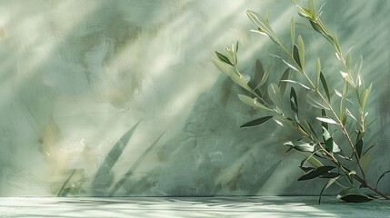 Abstract green marble texture background with olive branch. 3D rendering.