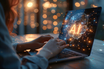 hands typing laptop, using chatbot program, virtual graphic human brain AI technology, background in office