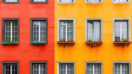 Fototapeta premium A vibrant urban scene with a detailed look at a building's facade painted in red and yellow, featuring windows with flower boxes