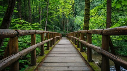 Obraz premium A tranquil wooden footbridge stretches across a peaceful area with vibrant green foliage in a dense forest setting