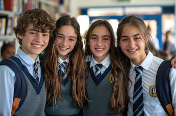 group of 4 smiling teenage students wearing uniform standing in classroom. ai generated