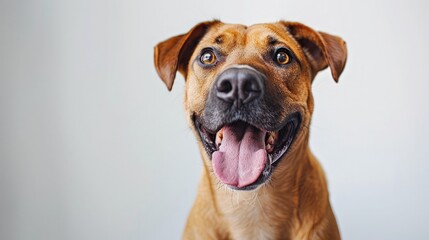 delighted dog with its tongue out, sitting against a white background, emphasizing its cheerful and lively personality.