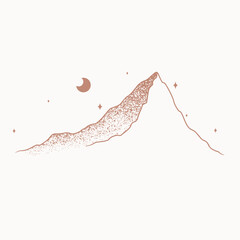 Line art mountains with stars and moon, cute minimalist boho vector art
