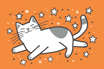 cat and stars simple drawing, flat cartoon.