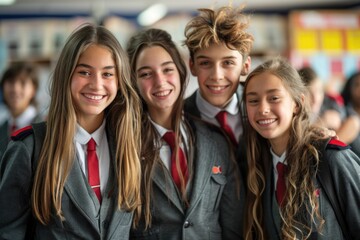 group of 4 smiling teenage students wearing uniform standing in classroom. ai generated