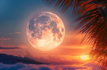 Fototapeta premium The moon is above the clouds with palm trees at sunset.